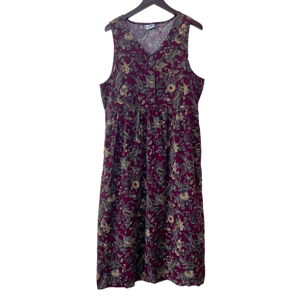 Vintage Bobbie Brooks Burgundy Corduroy Paisley Midi Dress Size XL